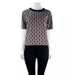 Michael Kors Reyes Short Sleeve Blouse Top Geometric Burgundy Black White - M